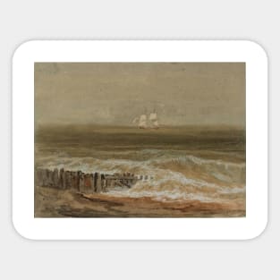 A Two-Masted Sailing Ship Seen from the Shore, A Groyne in the Foreground, 1796-97 Sticker